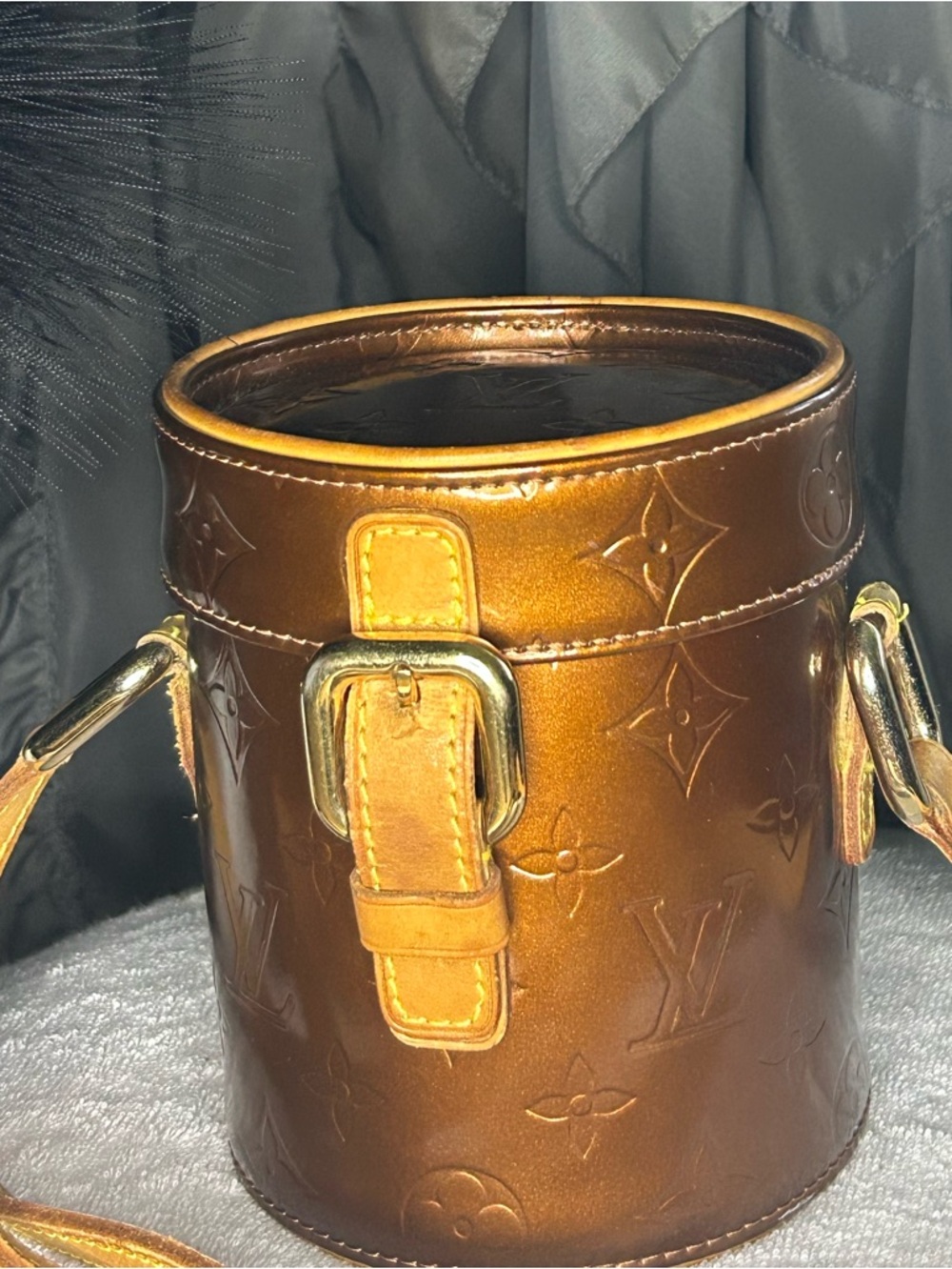 Authentic Louis Vuitton Bronze Monogram Vernis Astor Cylindrical Crossbody COA